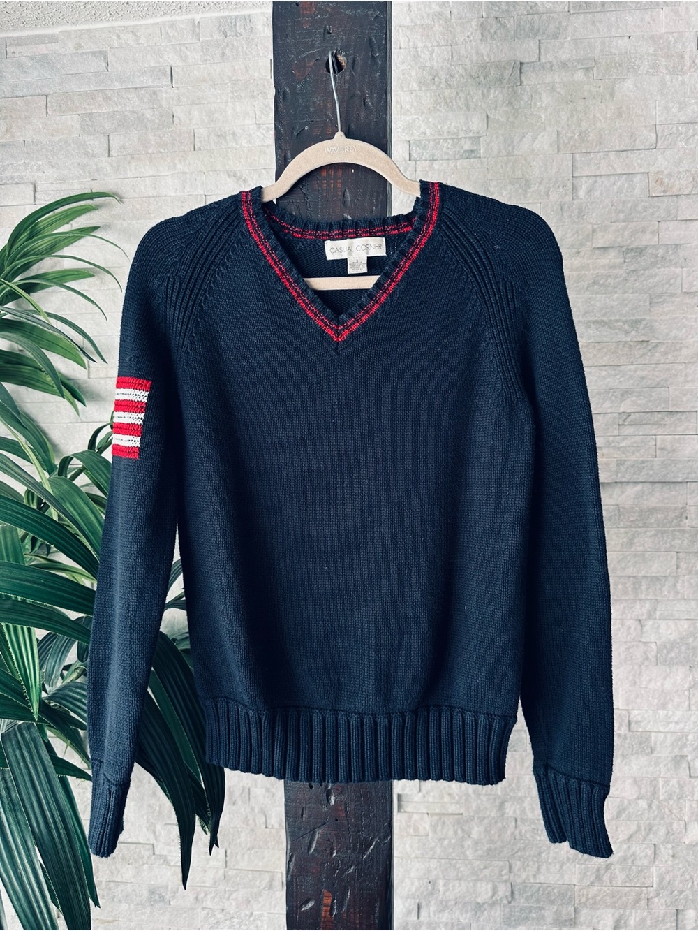 Casual Corner Navy V-Neck Sweater with Red Trim Stitched USA Flag Size Small